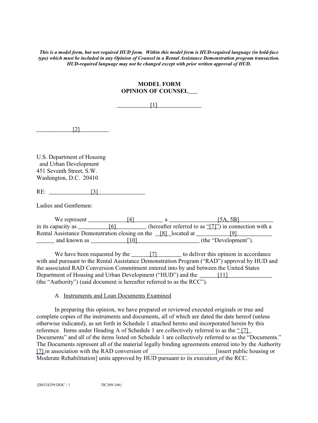 This Is a Model Form, but Not Required HUD Form. Within This Model Form Is HUD-Required