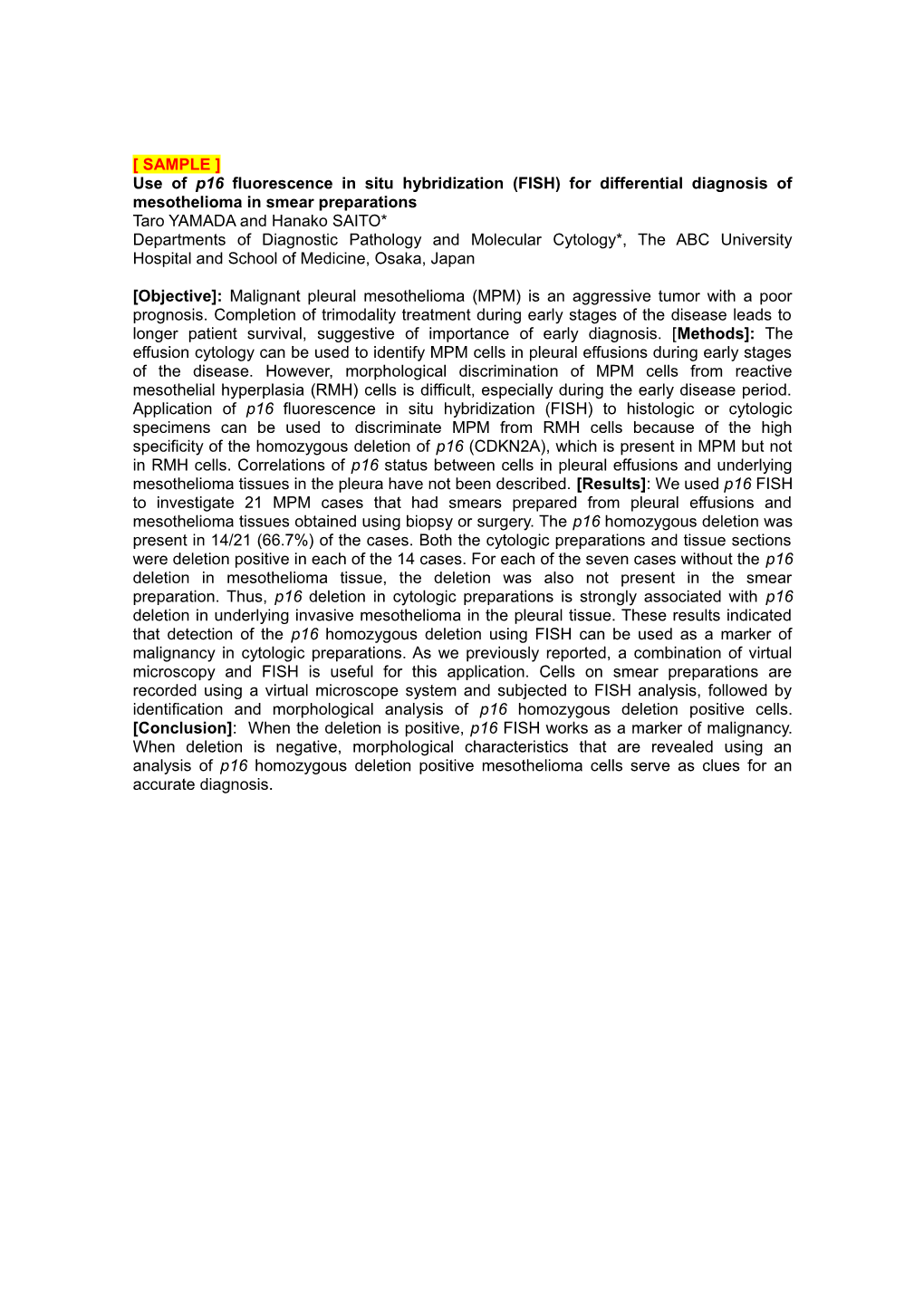 Use Ofp16 Fluorescence in Situ Hybridization (FISH) for Differential Diagnosis of Mesothelioma