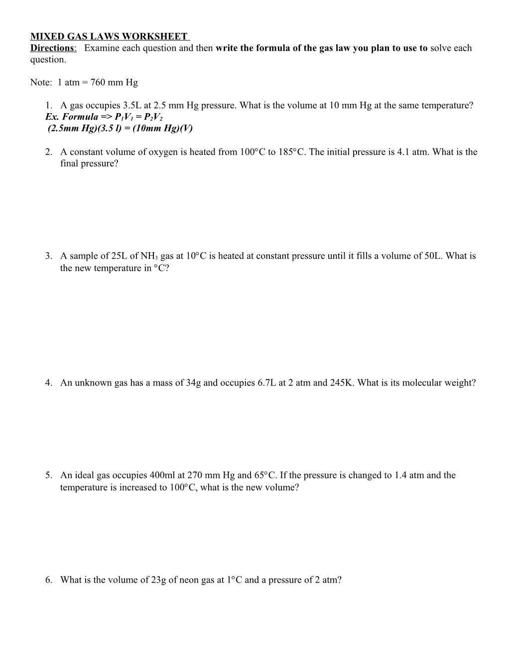 Mixed Gas Laws Worksheet