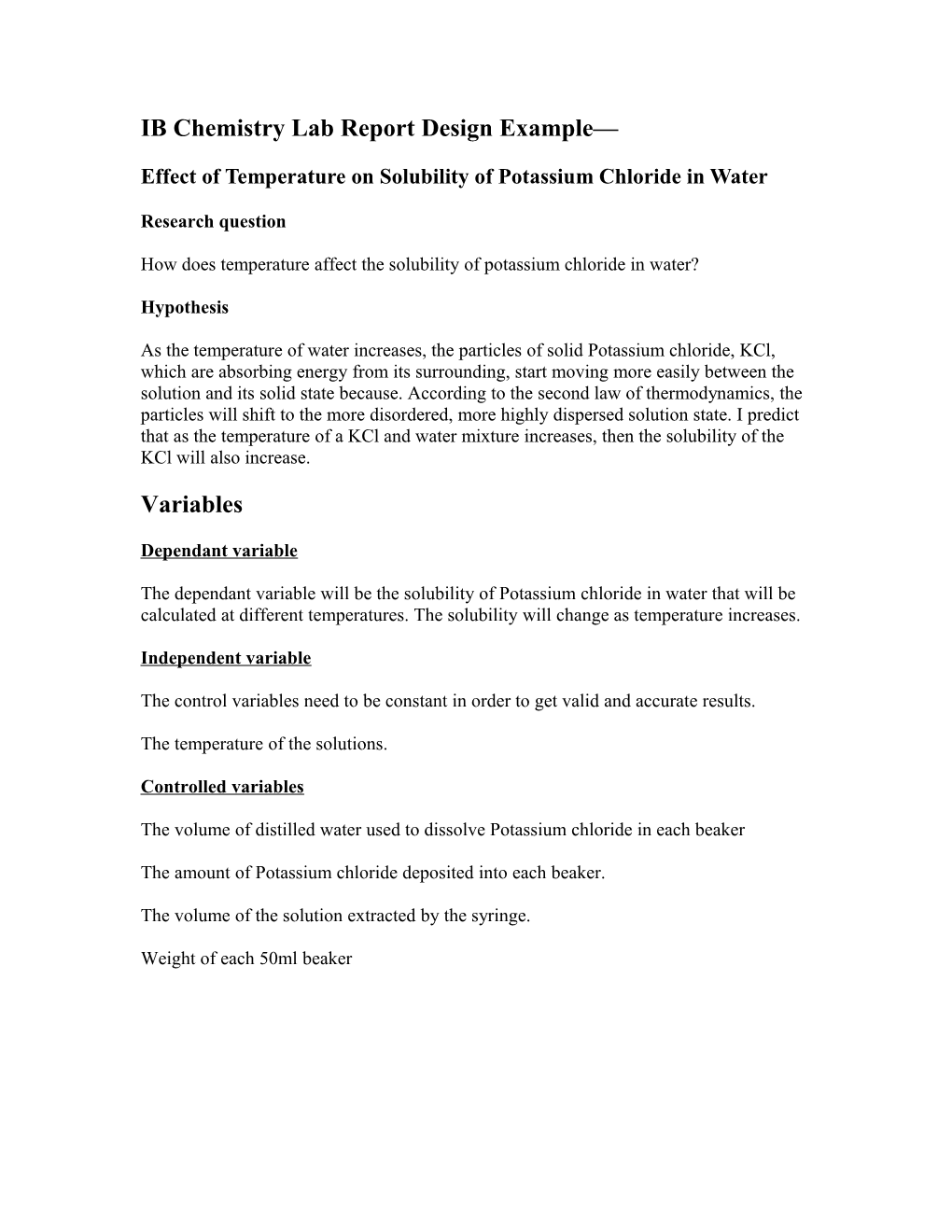 IB Chemistry Lab Report Design Example