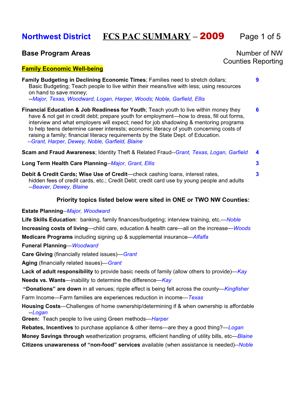 Northwest District FCS PAC SUMMARY 2009 Page 1 of 5