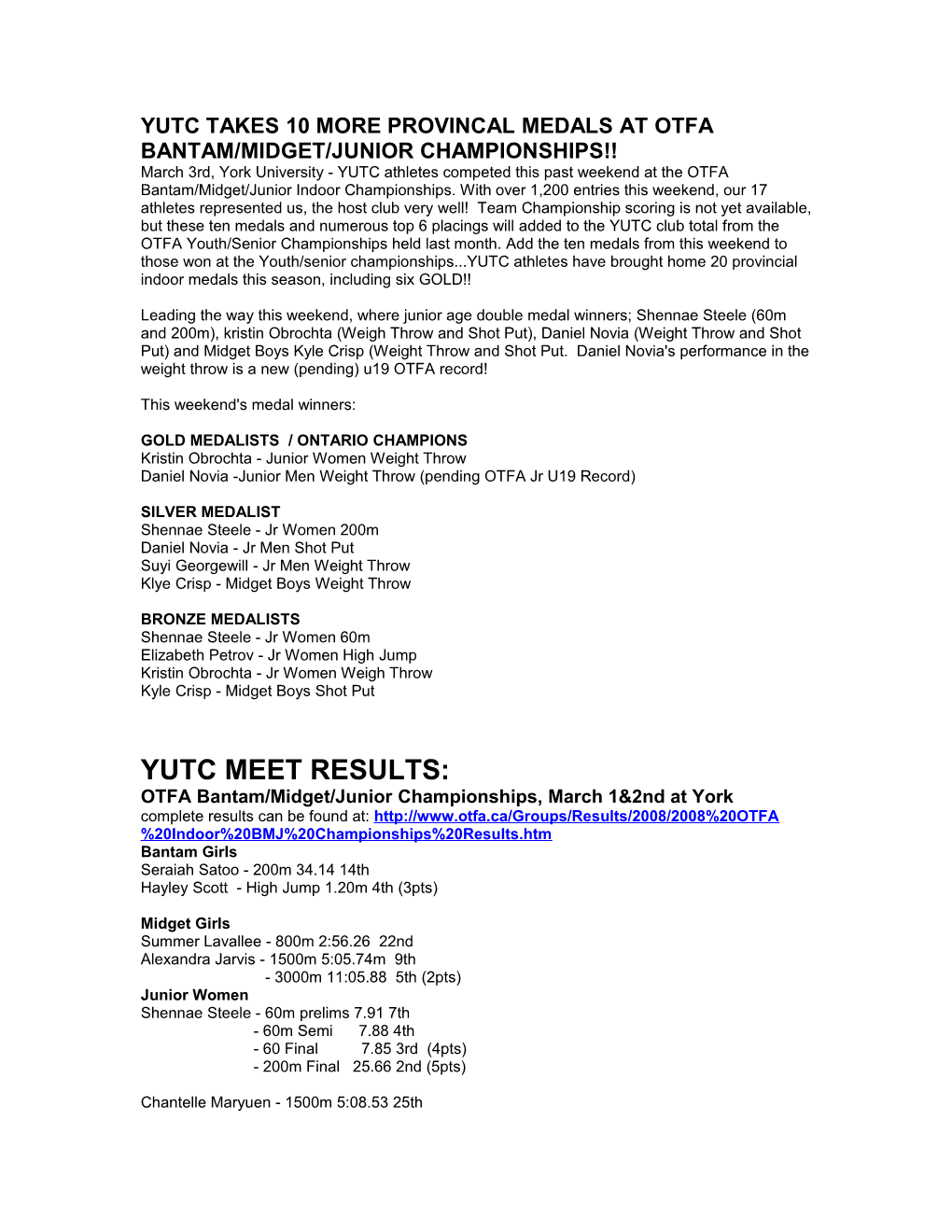 Yutc Takes 10 More Provincal Medals at Otfa Bantam/Midget/Junior Championships