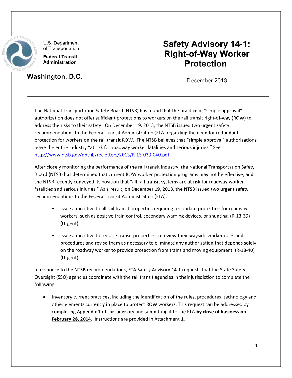 Safety Advisory SA-14 Right-Of-Way Worker Protection