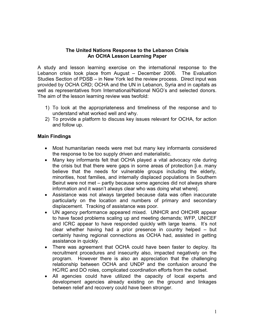 The United Nations Response to the Lebanon Crisis