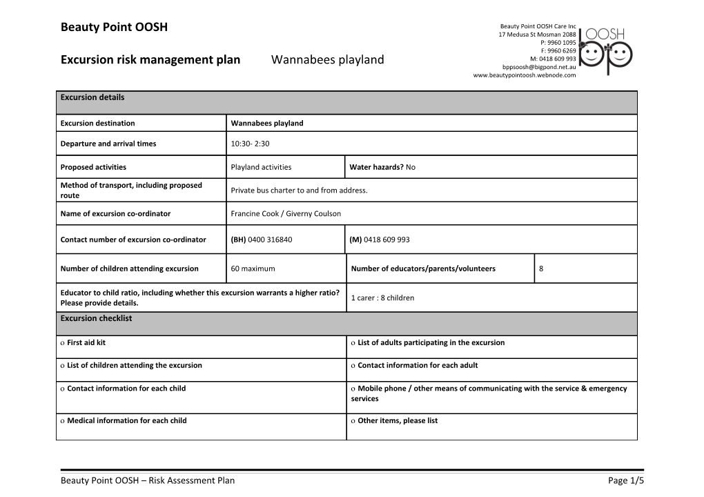 Excursion Risk Management Plan Wannabees Playland