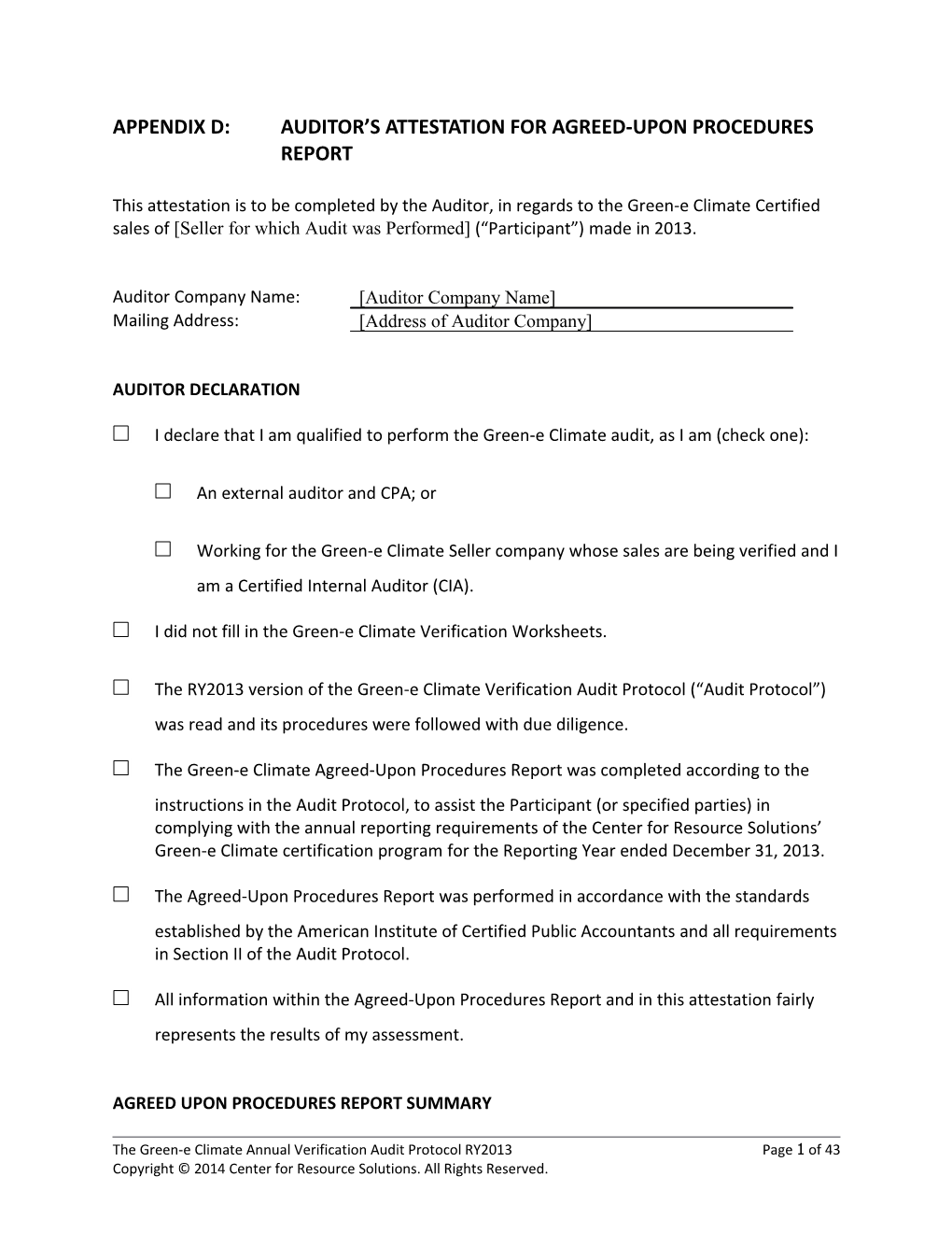 Appendix D:Auditor S Attestation for Agreed-Upon Procedures Report