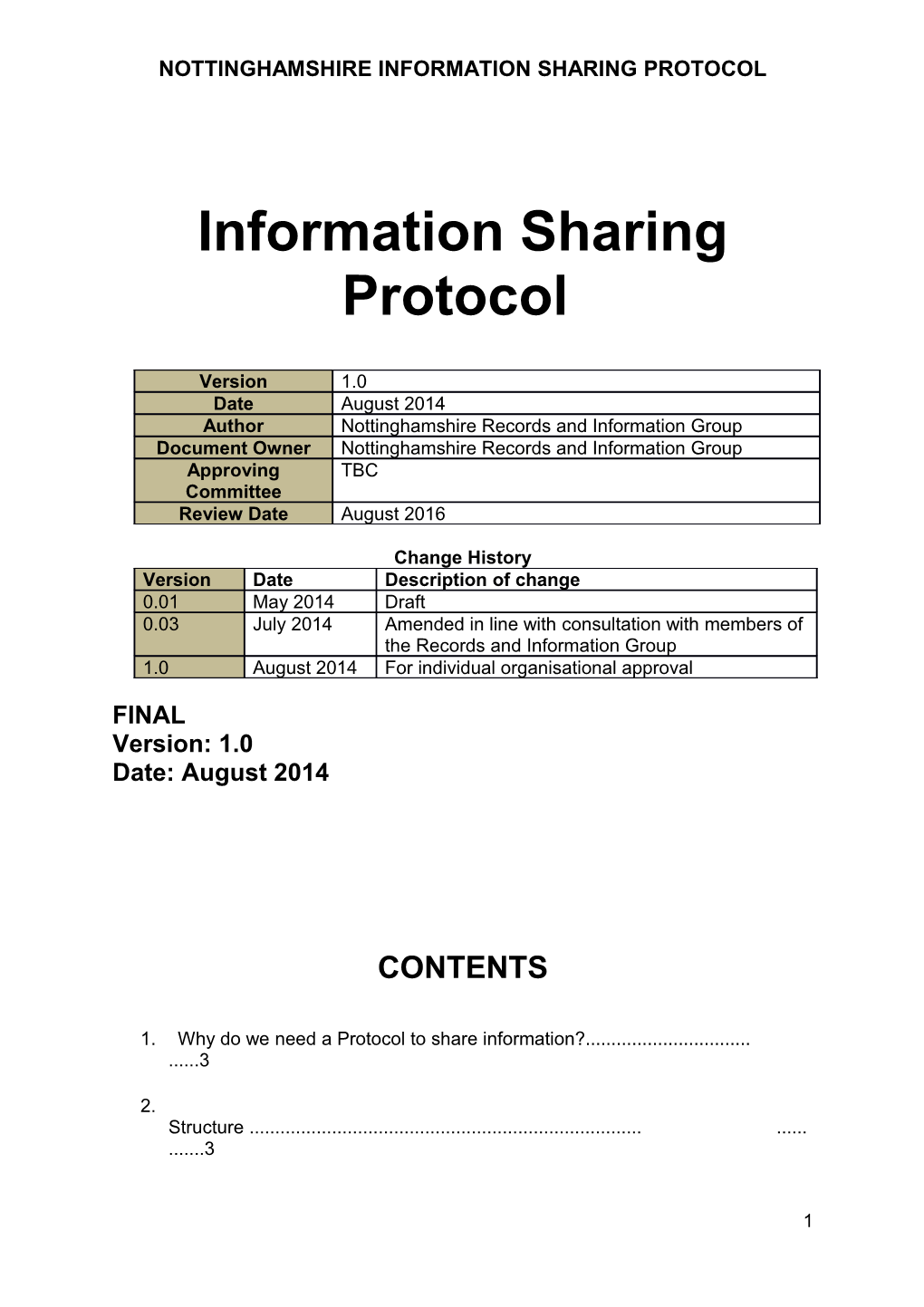 Nottinghamshire Information Sharing Protocol - August 2014 (Health) V 1.0