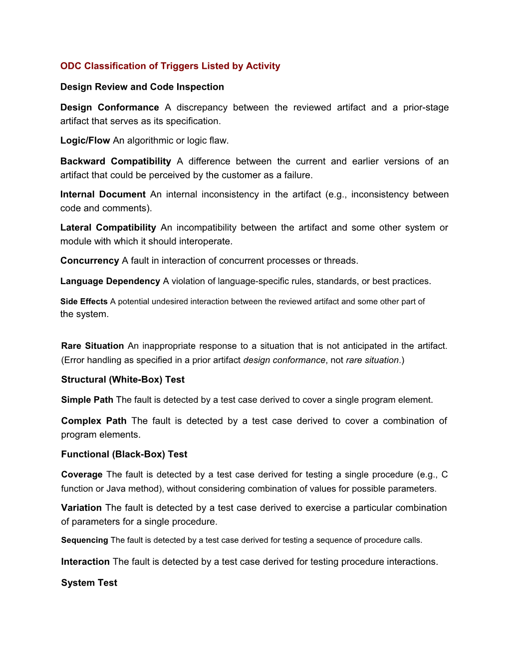 ODC Classification of Triggers Listed by Activity