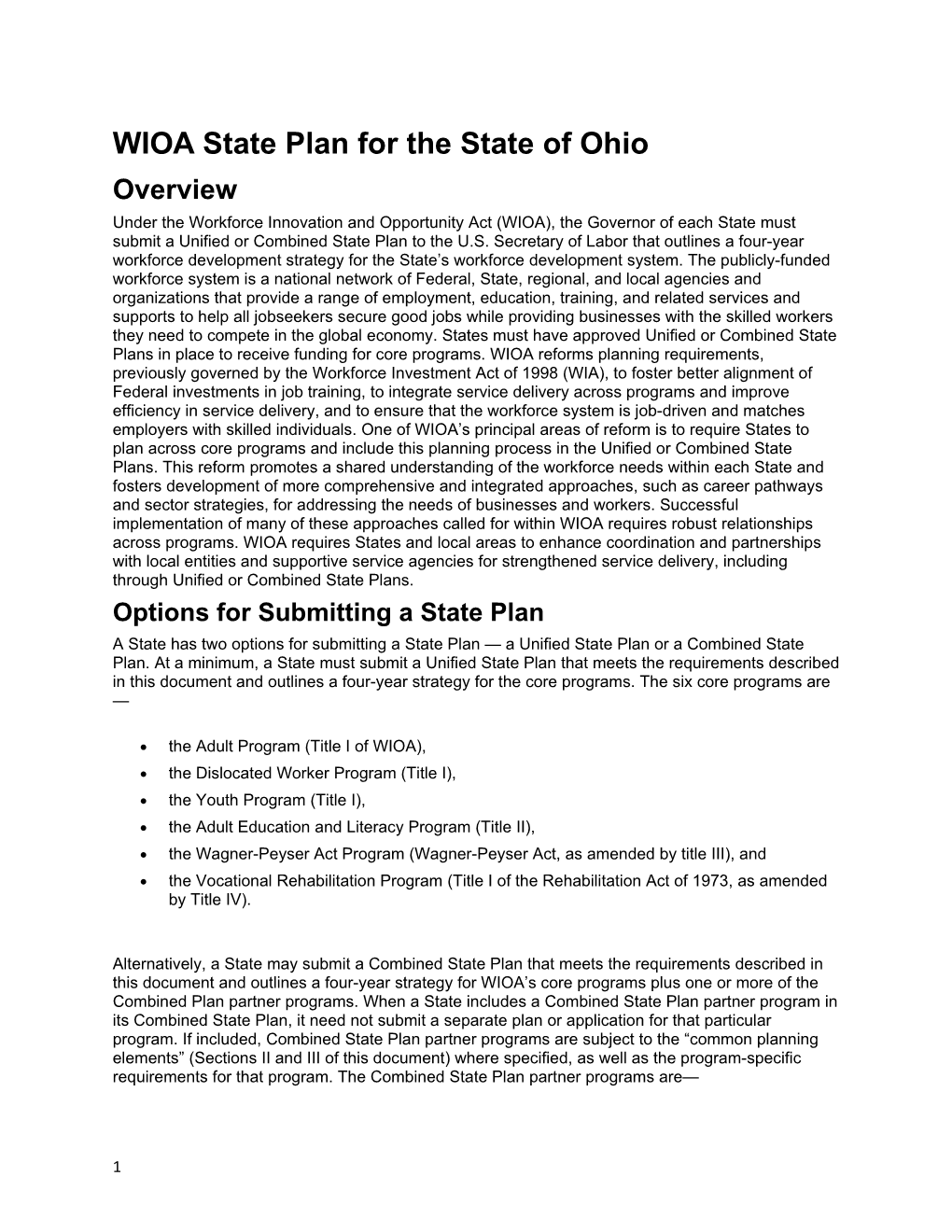 WIOA State Plan for the State of Ohio