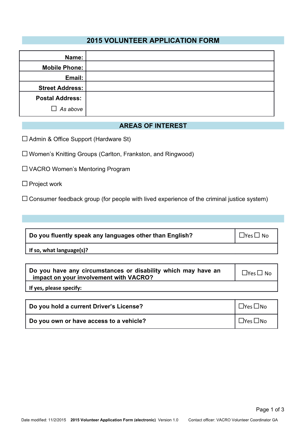 2015 Volunteer Application Form