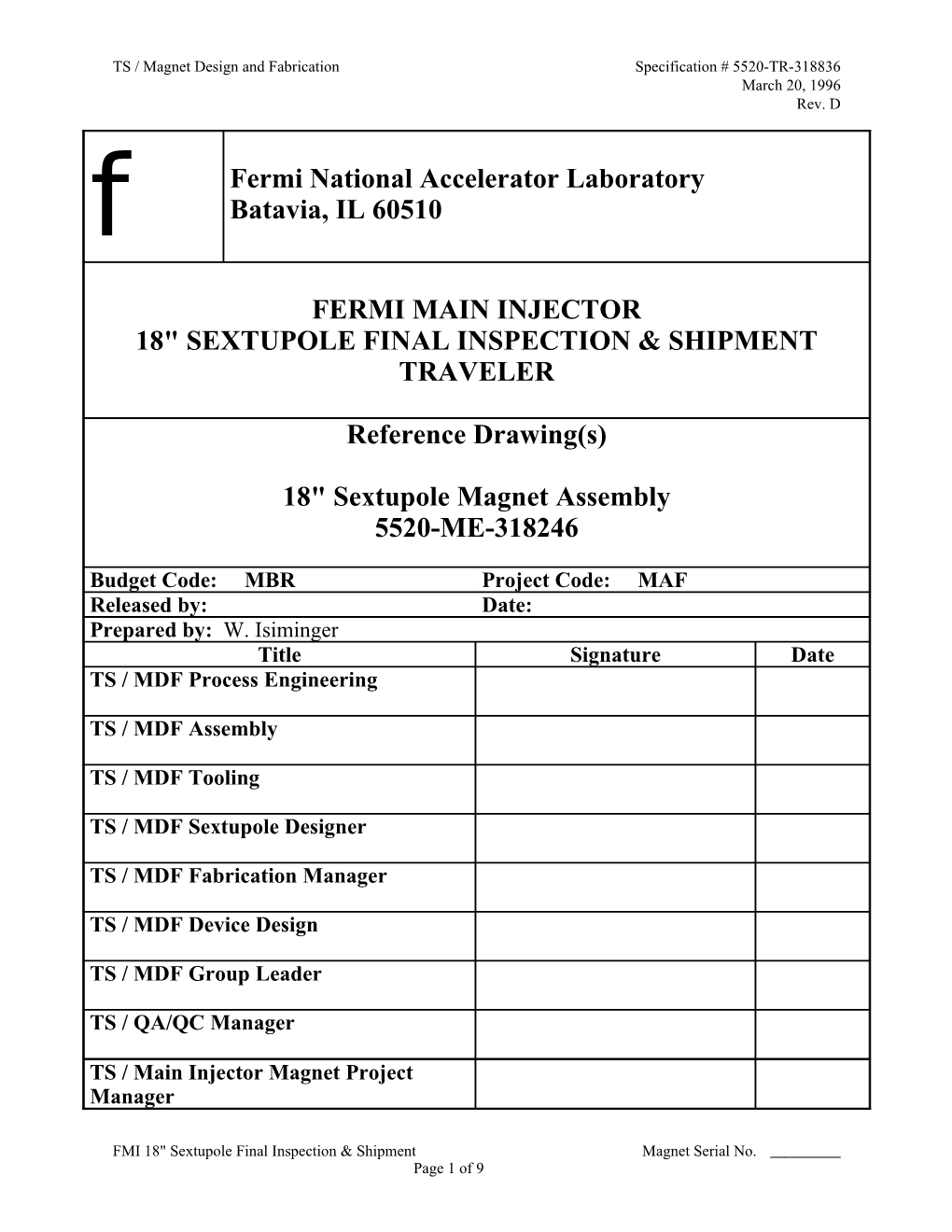 18 Sextupole Final Inspection Shippment Traveler