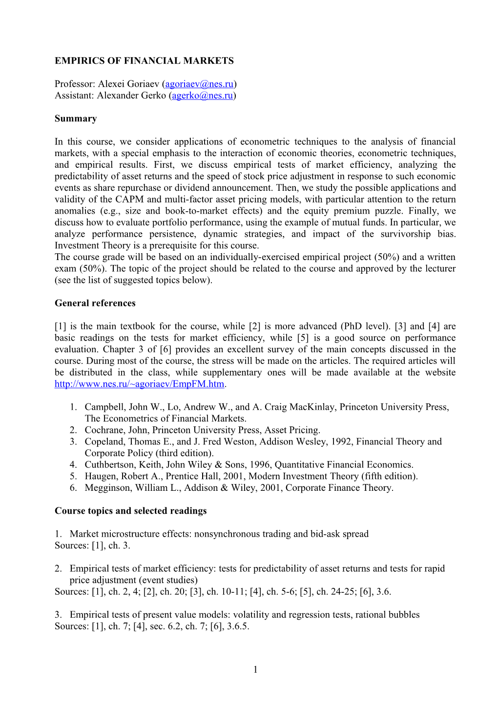 Empirics of Financial Markets