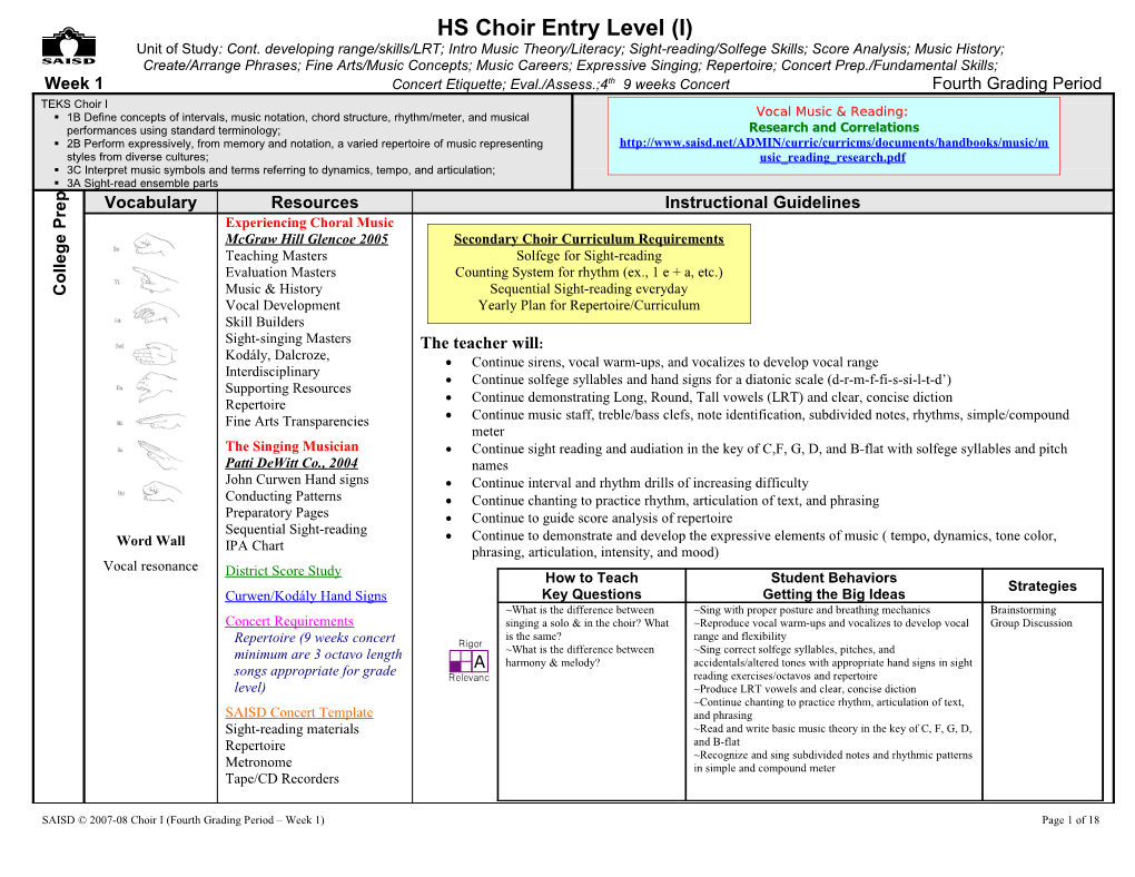 Week 1 Concert Etiquette; Eval./Assess.;4Th 9 Weeks Concert Fourthgrading Period