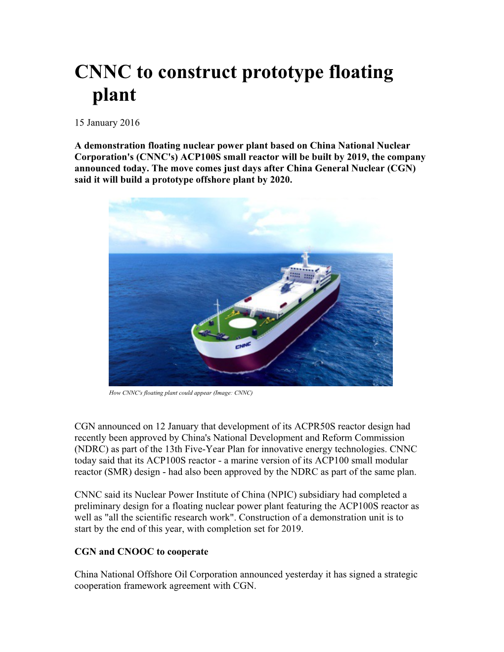 CNNC to Construct Prototype Floating Plant