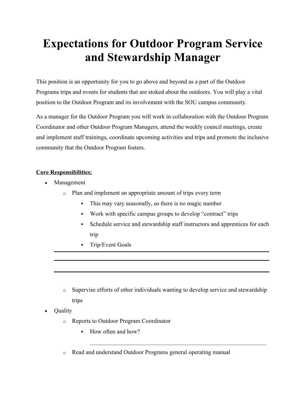 Expectations for Outdoor Program Service and Stewardship Manager