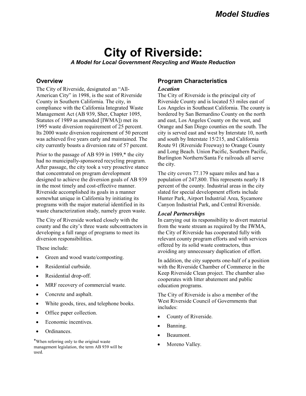 City of Riverside: a Model for Local Government Recycling and Waste Reduction