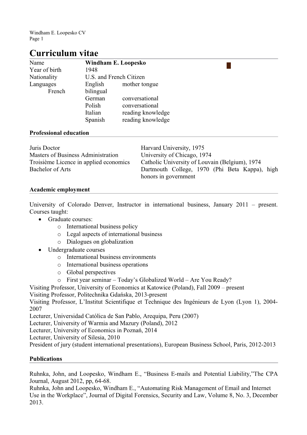 Windham E. Loopesko CV