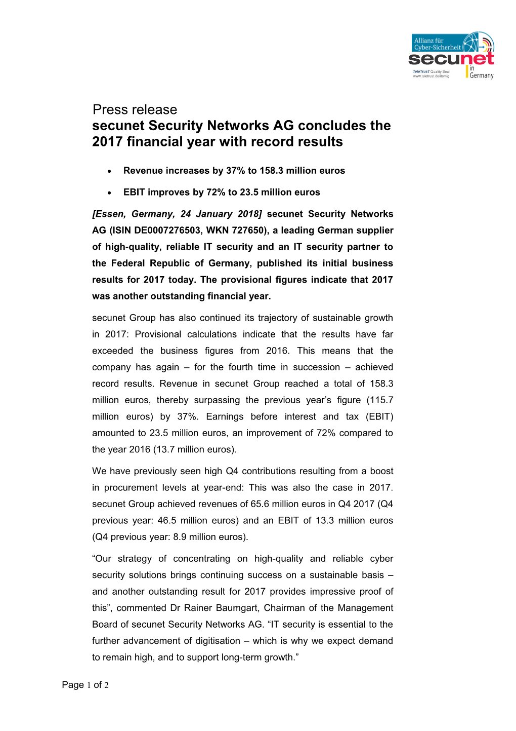 Secunet Security Networks AG Concludes the 2017 Financial Year with Record Results