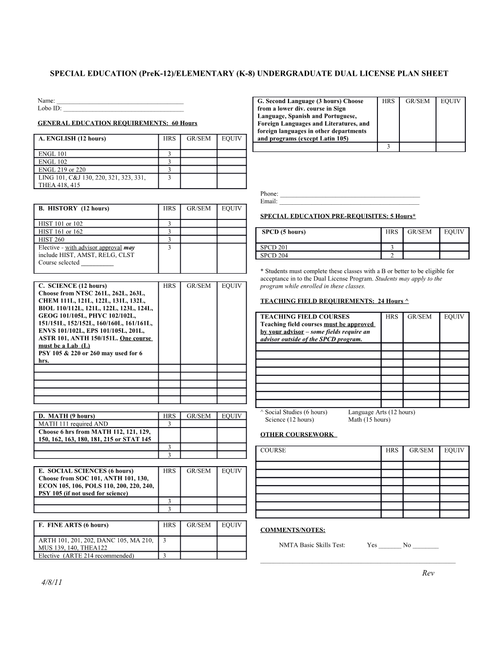 Special Education/Elementary Undergraduate Dual License Plan Sheet