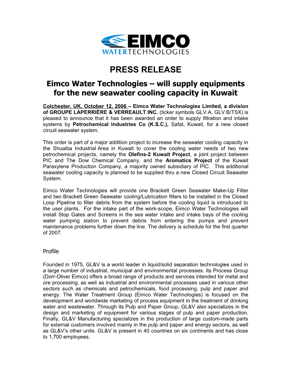 Eimco Water Technologies Will Supply Equipments for the New Seawater Cooling Capacity