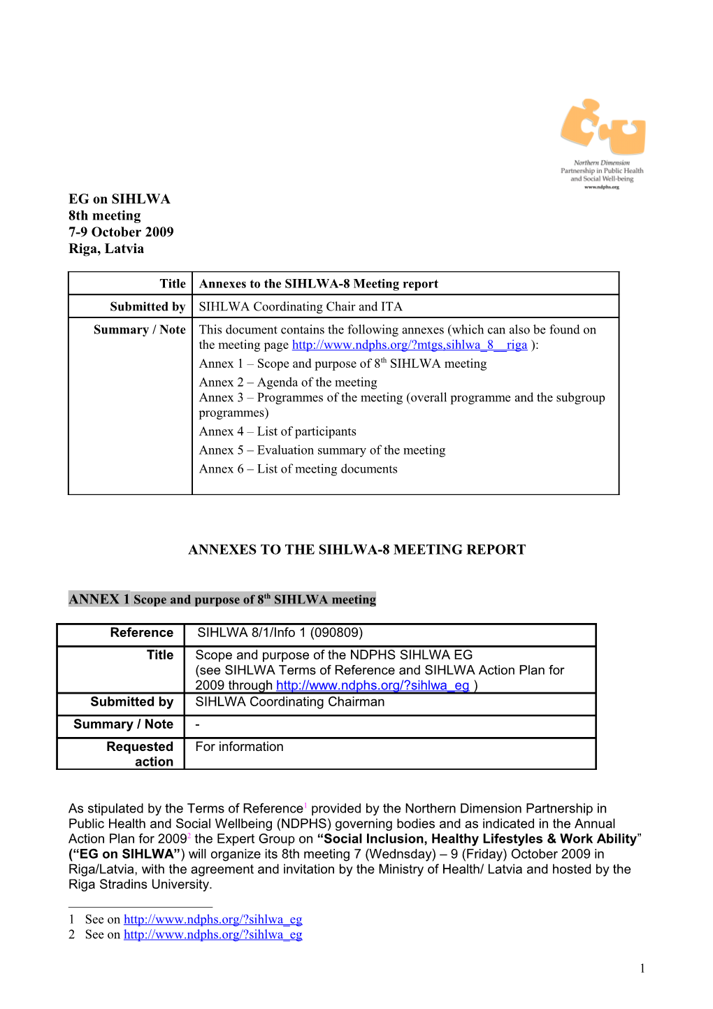 Annexes to the Sihlwa-8 Meeting Report