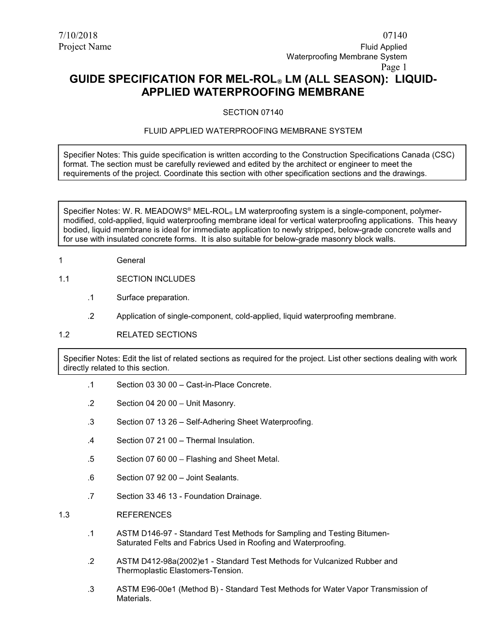 Guide Specification for Mel-Rol Lm (All Season): Liquid-Applied Waterproofing Membrane