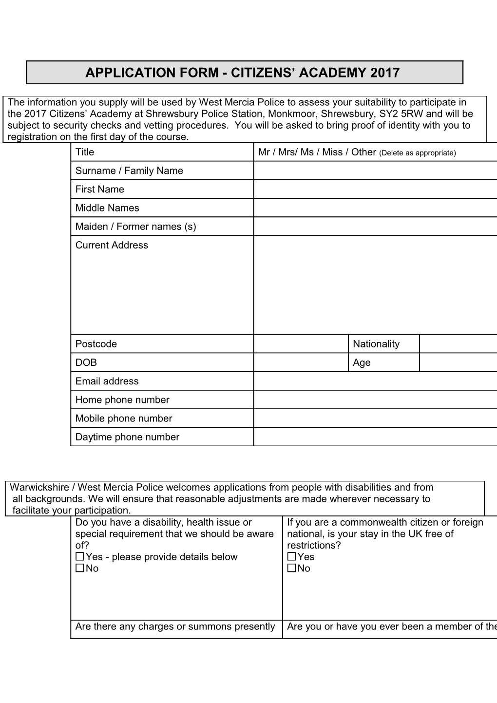 Application Form - Citizens Academy 2014