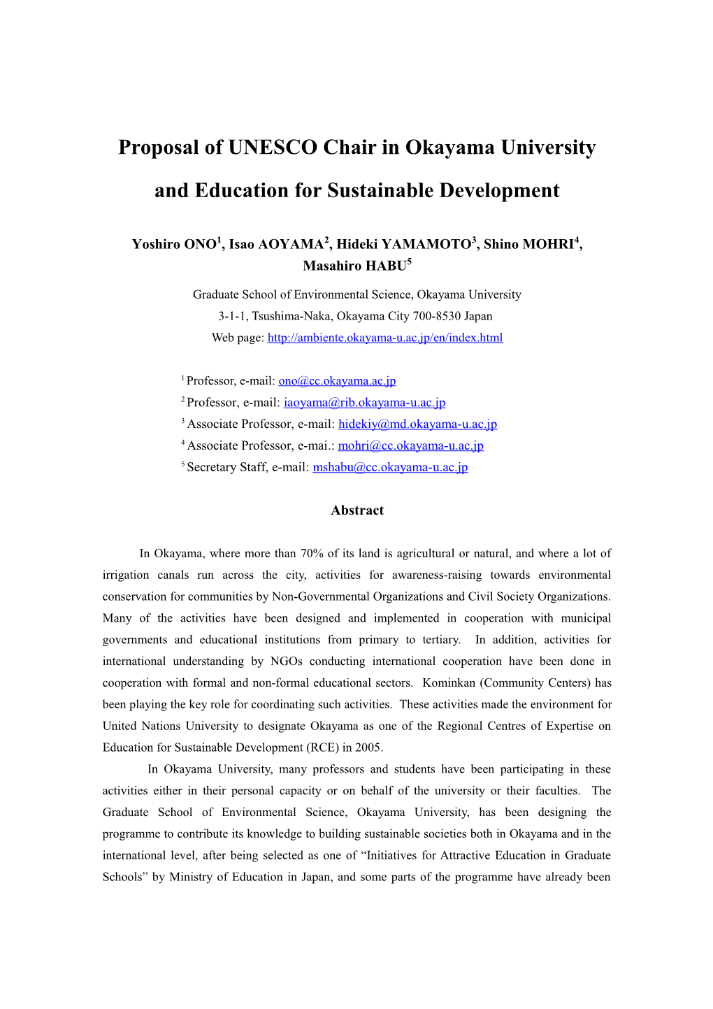 Proposal of UNESCO Chair in Okayama University and Education for Sustainable Development