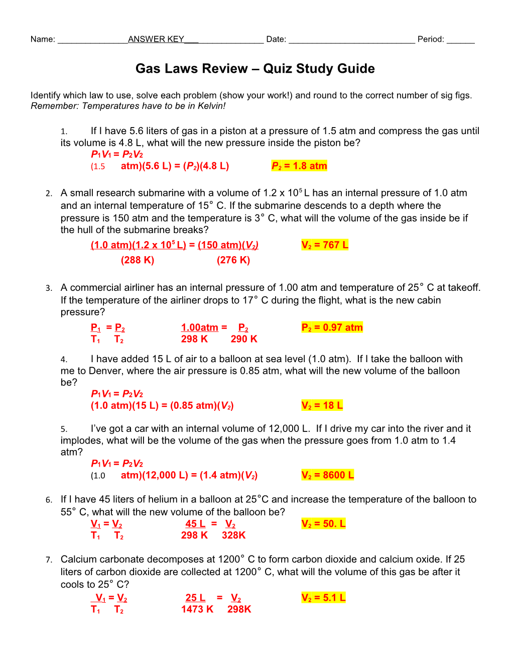 Gas Laws Review Quiz Study Guide