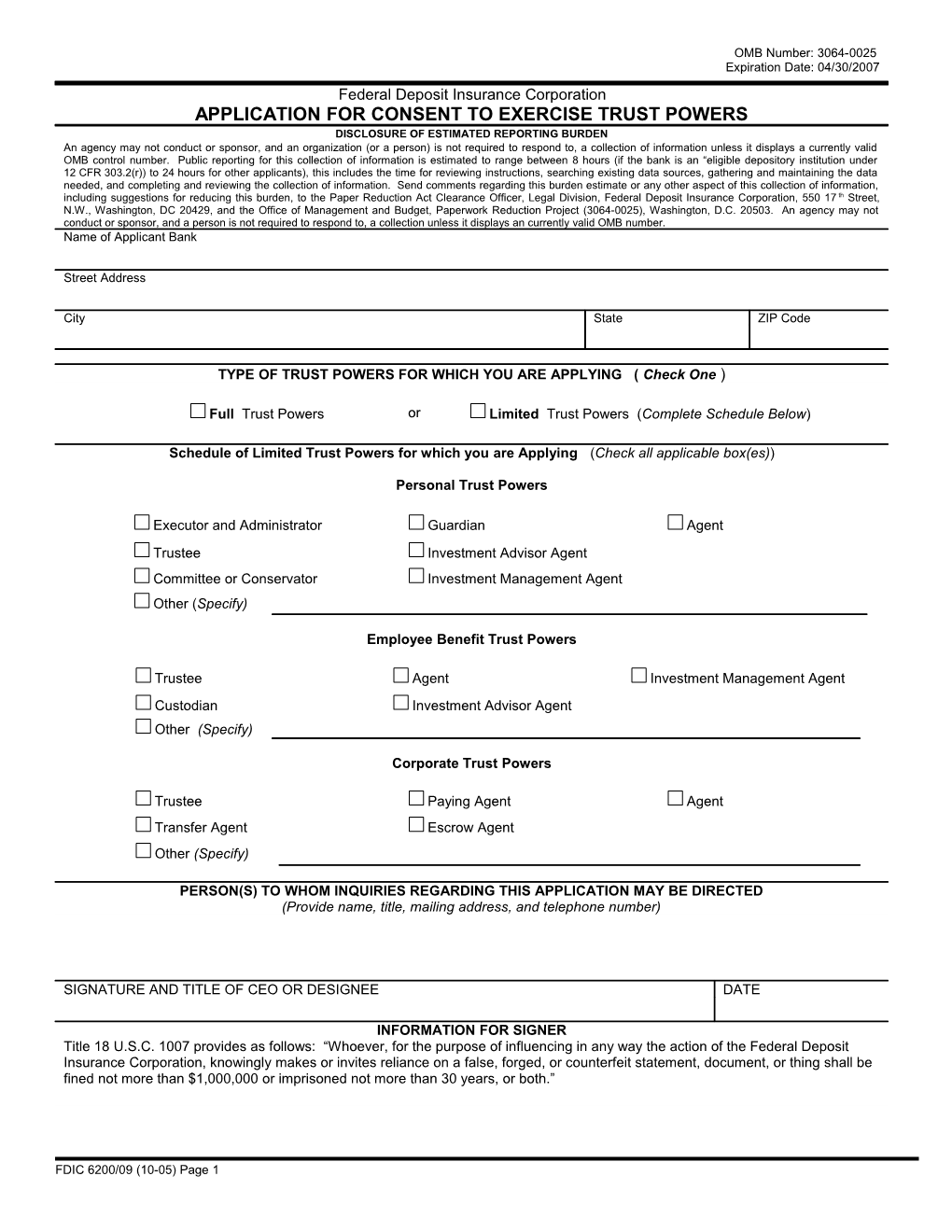 FDIC 6200-09, Application for Consent to Exercise Trust Powers