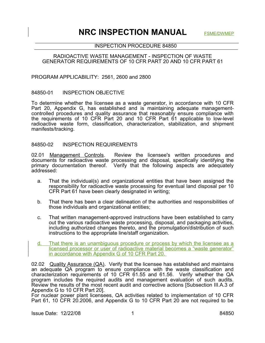 Nrc Inspection Manual Fsme/Dwmep