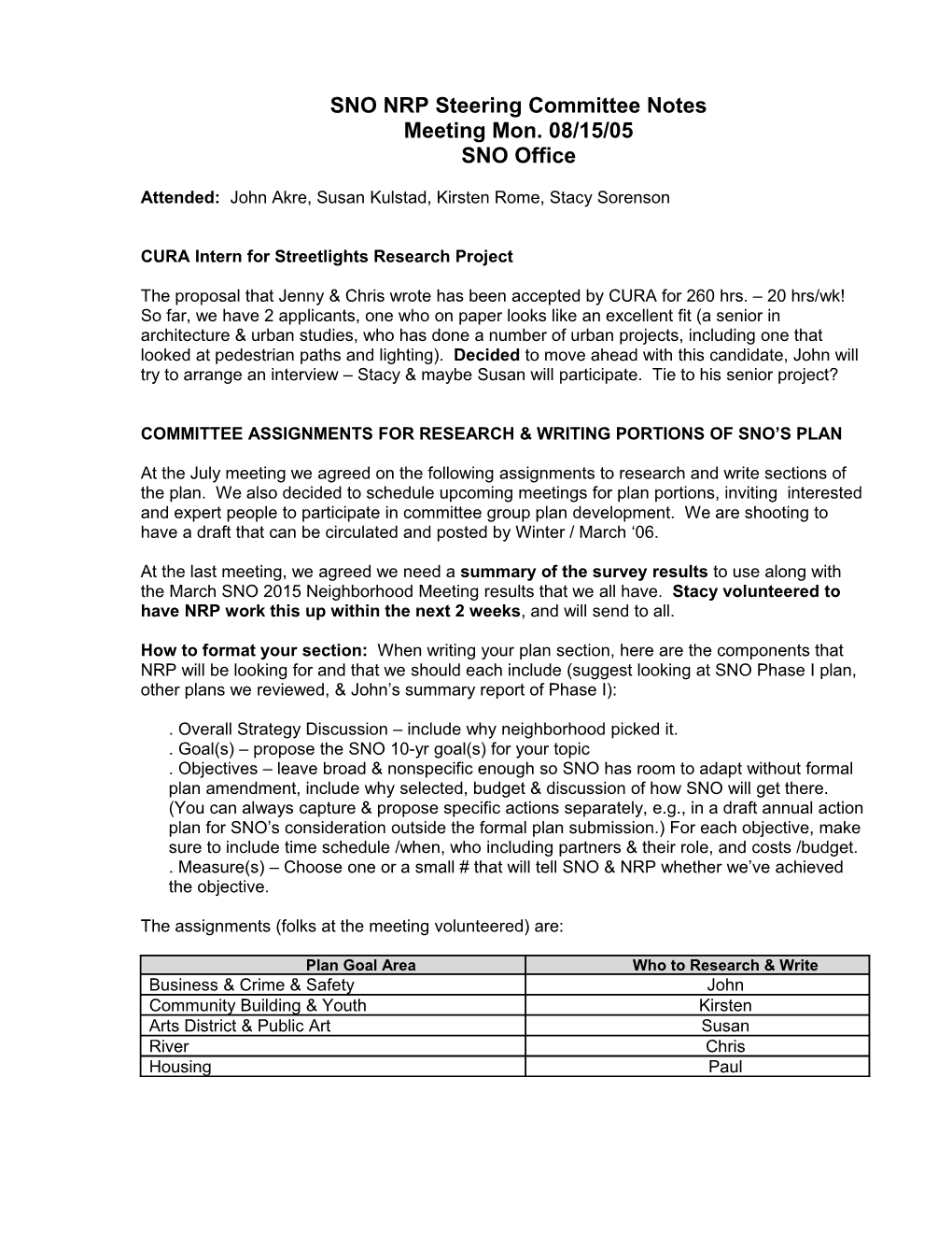 SNO NRP Steering Committee Notes