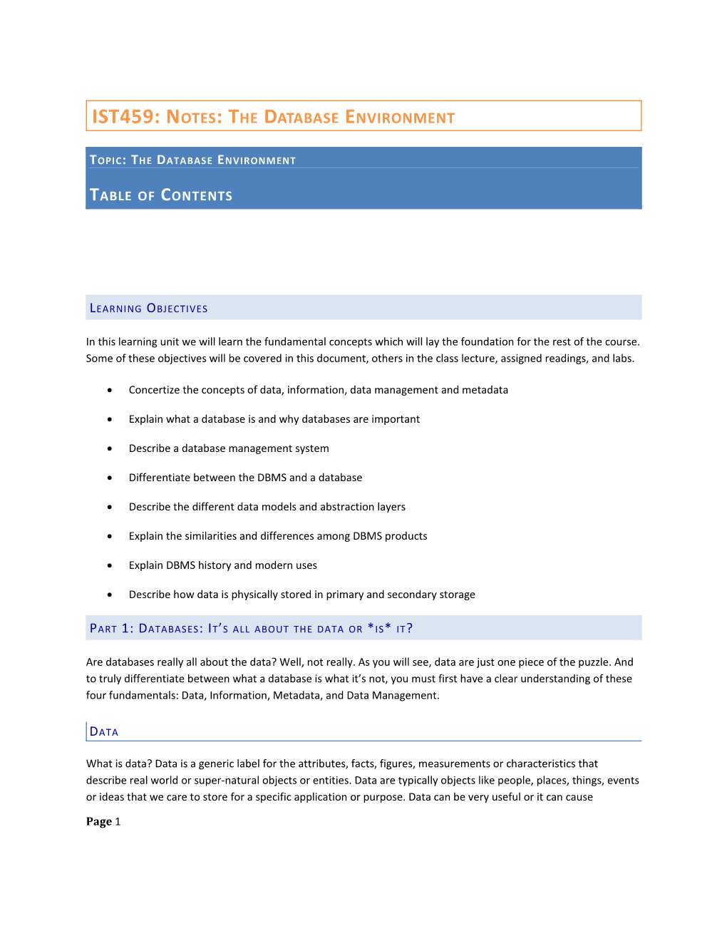 IST459: Notes: the Database Environment