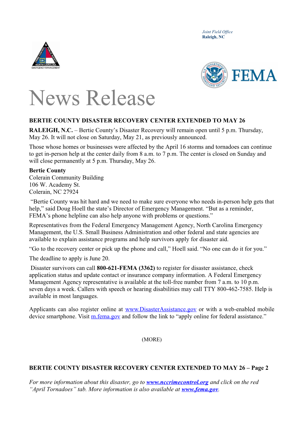 Bertie County Disaster Recovery Center Extended to May 26