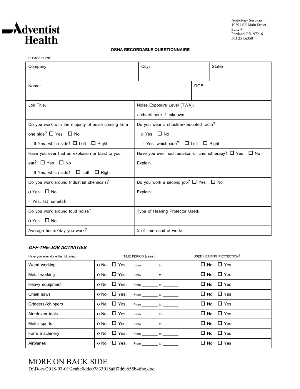 Employee Noise Exposure Questionnaire