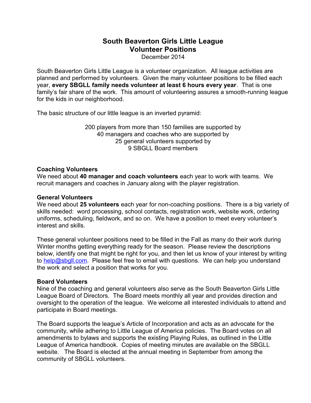 South Beaverton Girls Little League Volunteer Positions