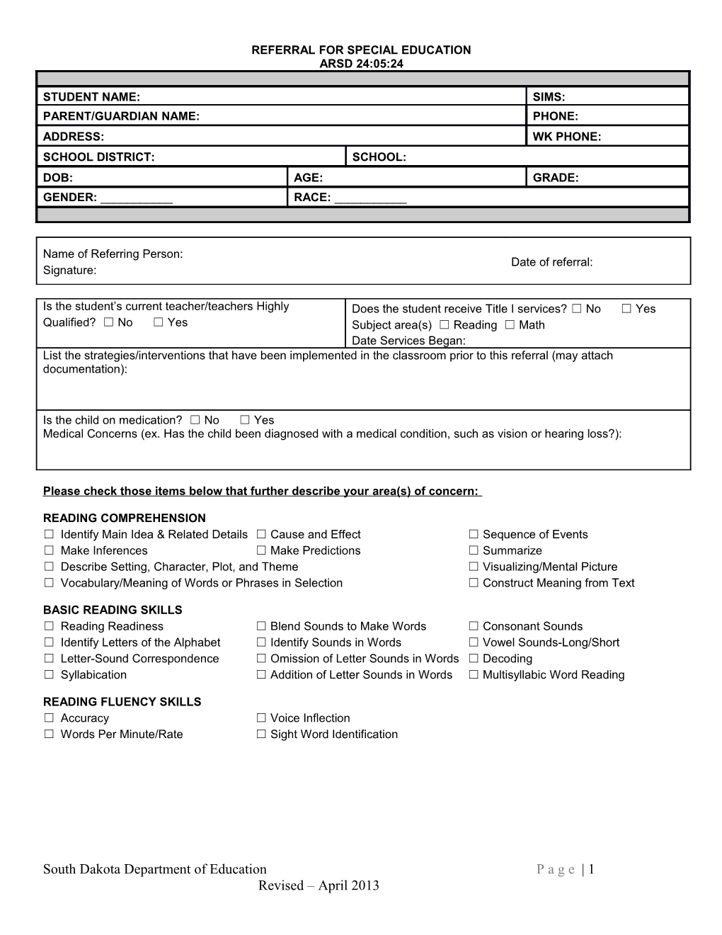 Referral for Special Education