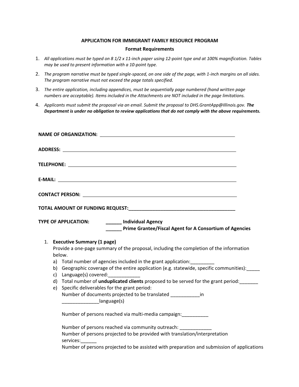 Application for Immigrant Family Resource Program