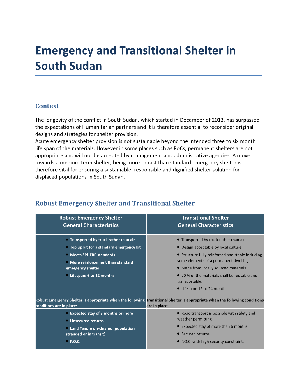 Emergency and Transitional Shelter in South Sudan