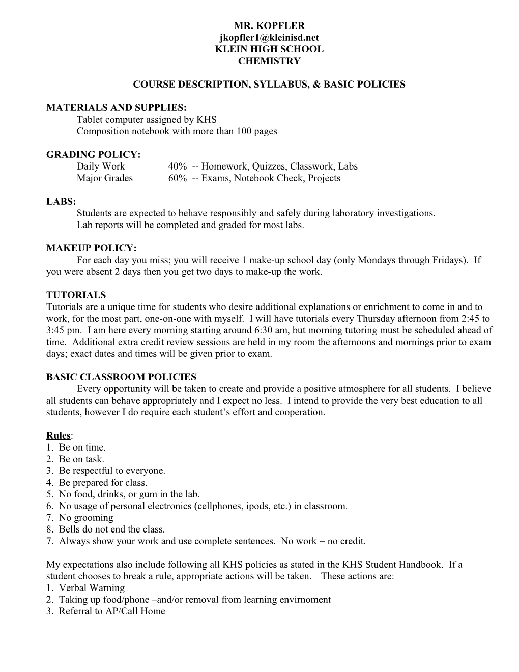 Chemistry I Course Description and Sylabys