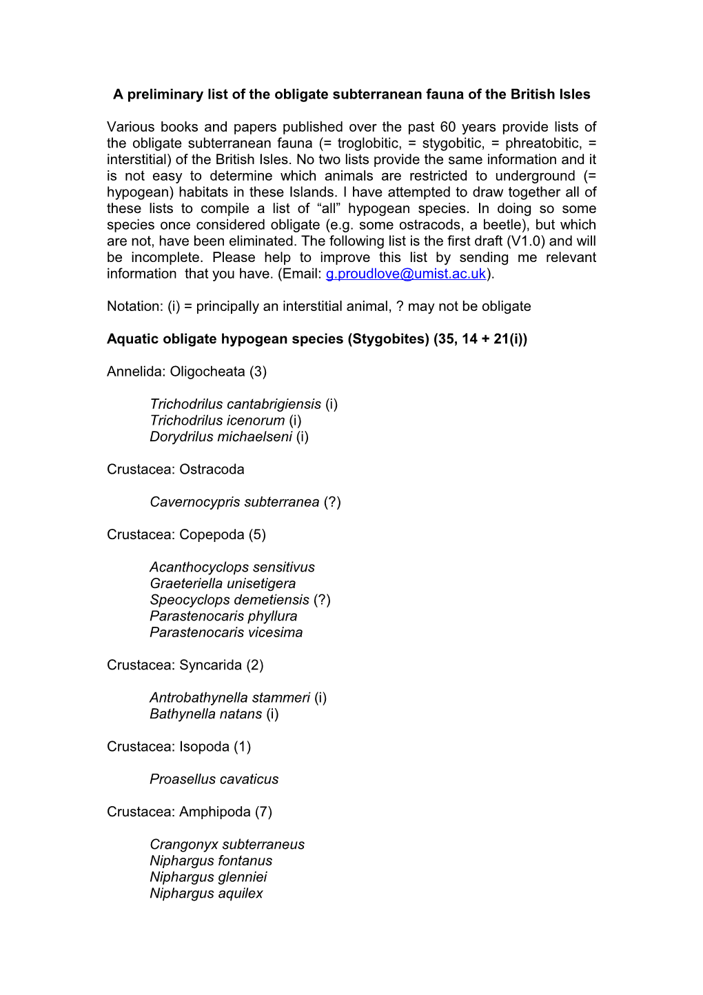 A Preliminary List of the Obligate Subterranean Fauna of the British Isles