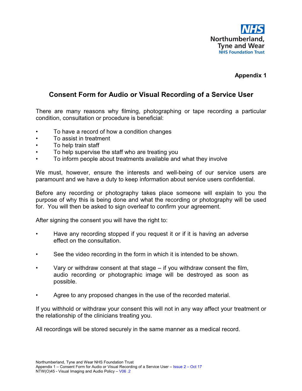 Consent Form for Audio Or Visual Recording of a Service User