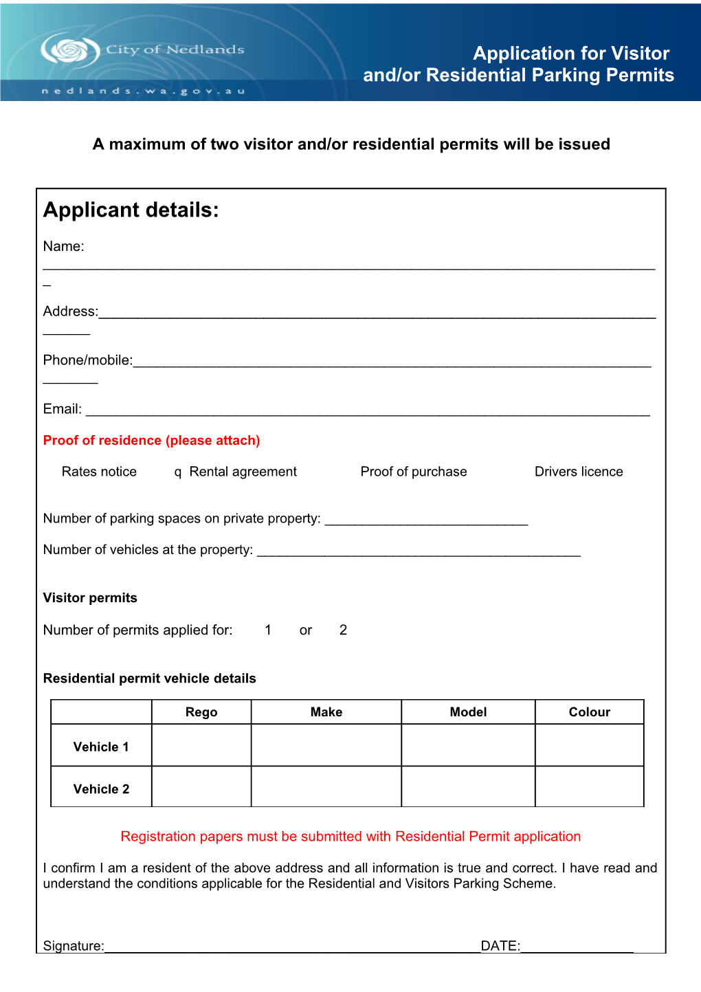 Residential and Visitor Parking Permit Application