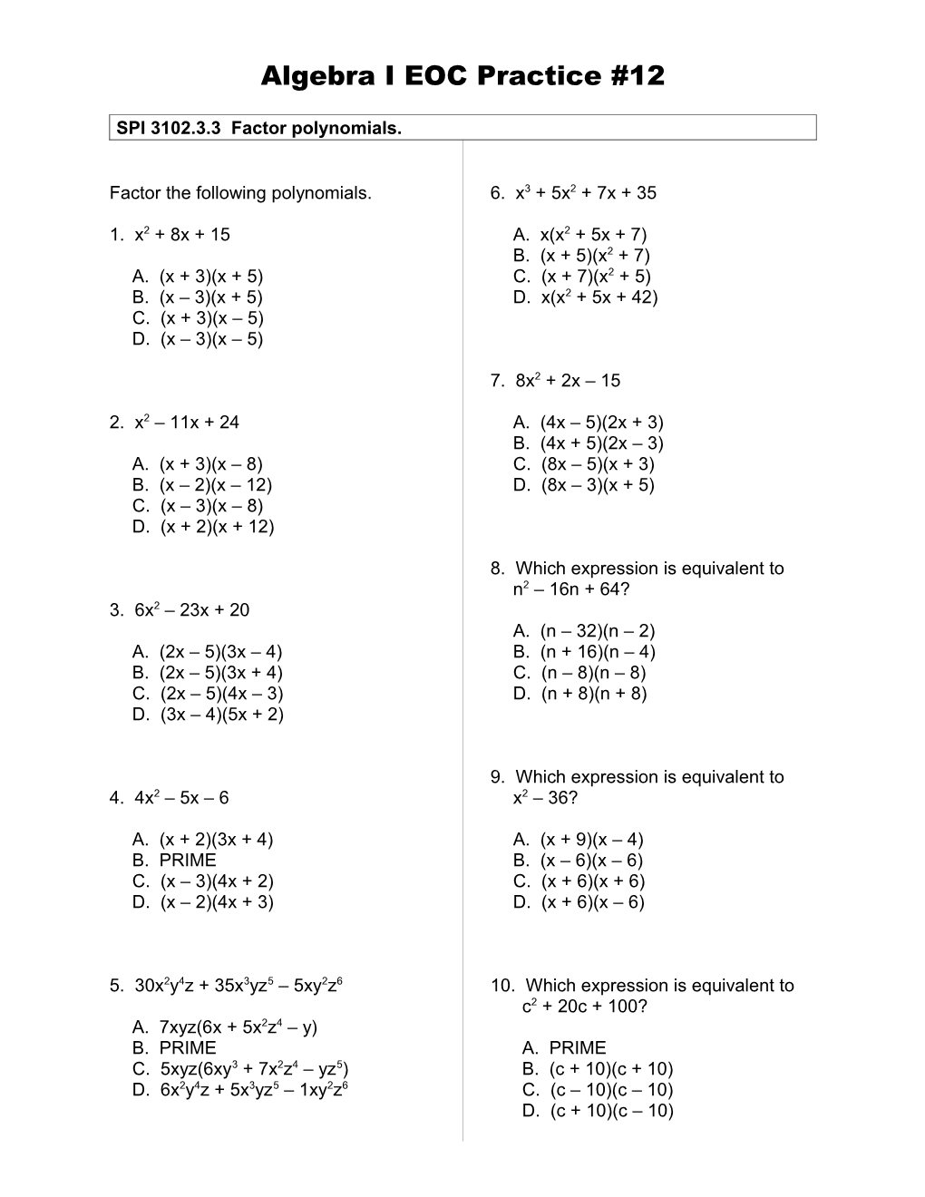 Algebra I EOC Practice #1 s2