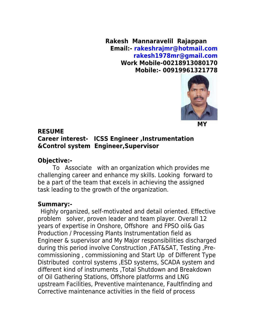 Career Interest- ICSS Engineer ,Instrumentation Control System Engineer,Supervisor