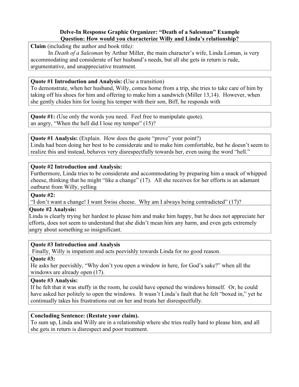 Delve-In Response Graphic Organizer: Death of a Salesman Example