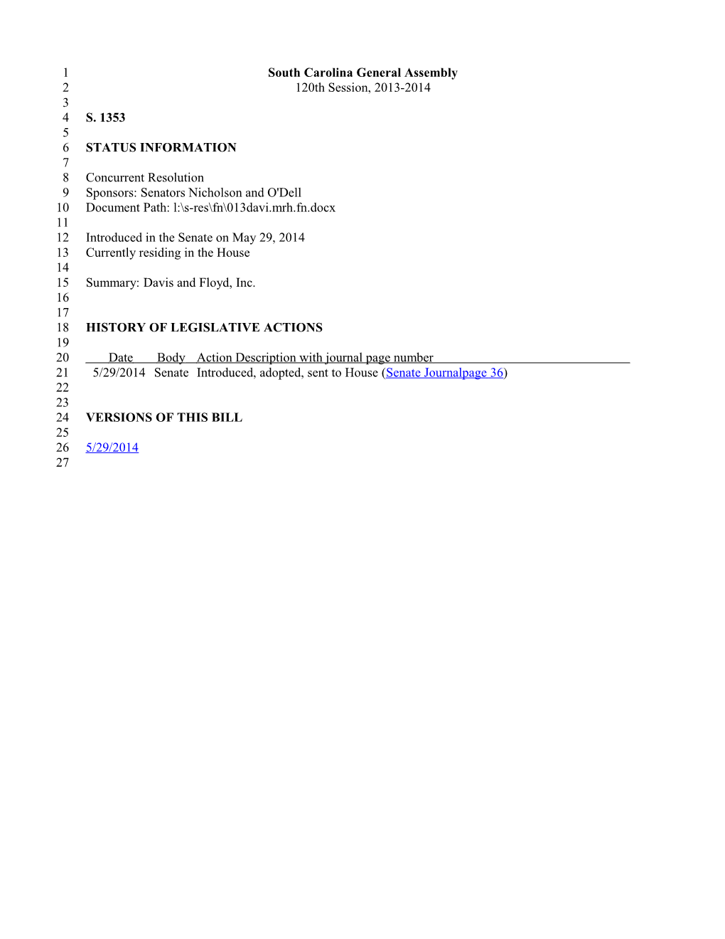 2013-2014 Bill 1353: Davis and Floyd, Inc. - South Carolina Legislature Online