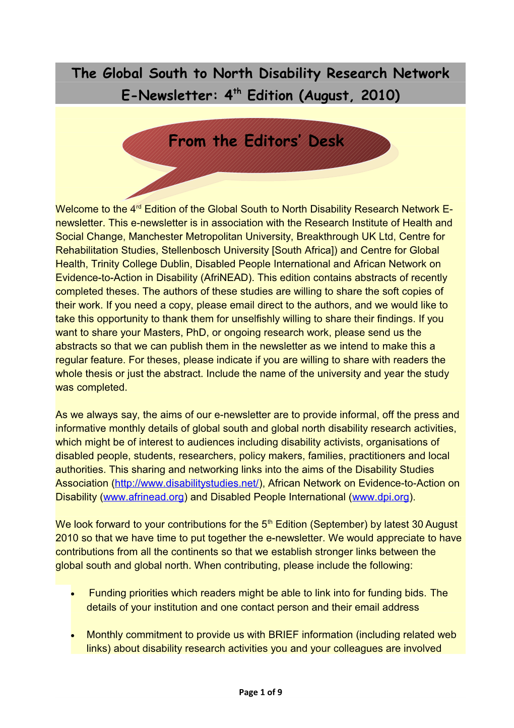 Disability Research Network E-Newsletter: 21St Edition (May, 2010)