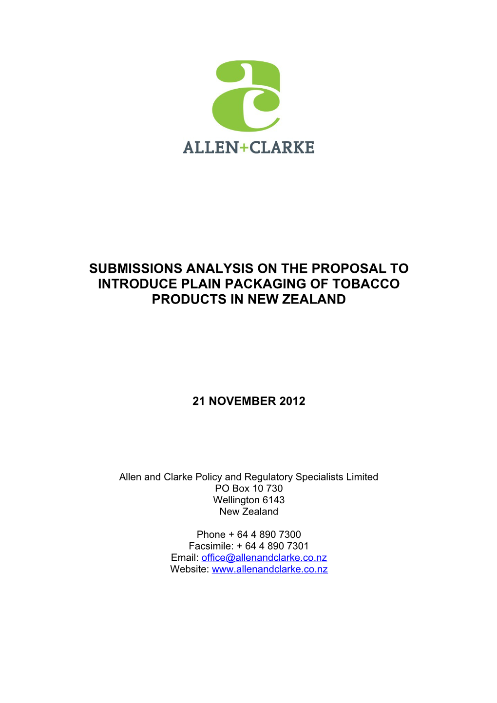 Submissions Analysis on the Proposal to Introduce Plain Packaging of Tobacco Products