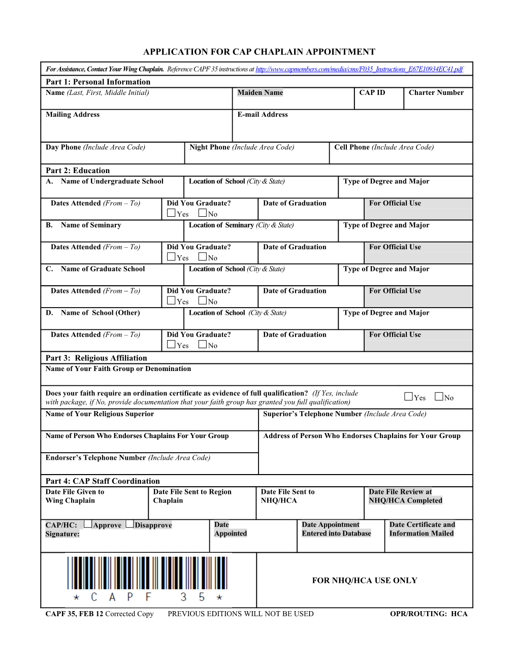 Application for Cap Chaplain Appointment